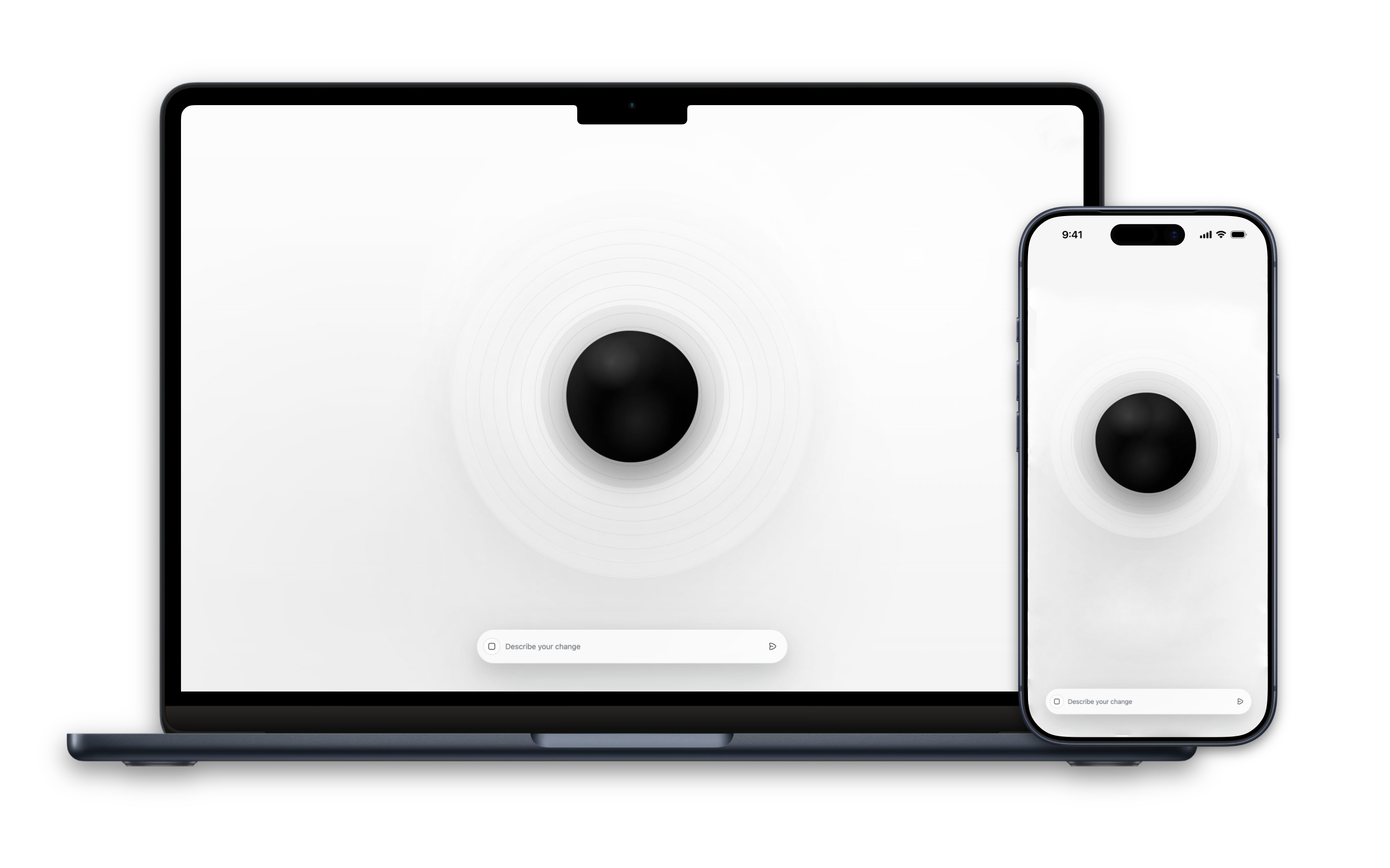 Melody playing across a MacBook and iPhone, with its reactive orb and steering prompt visible