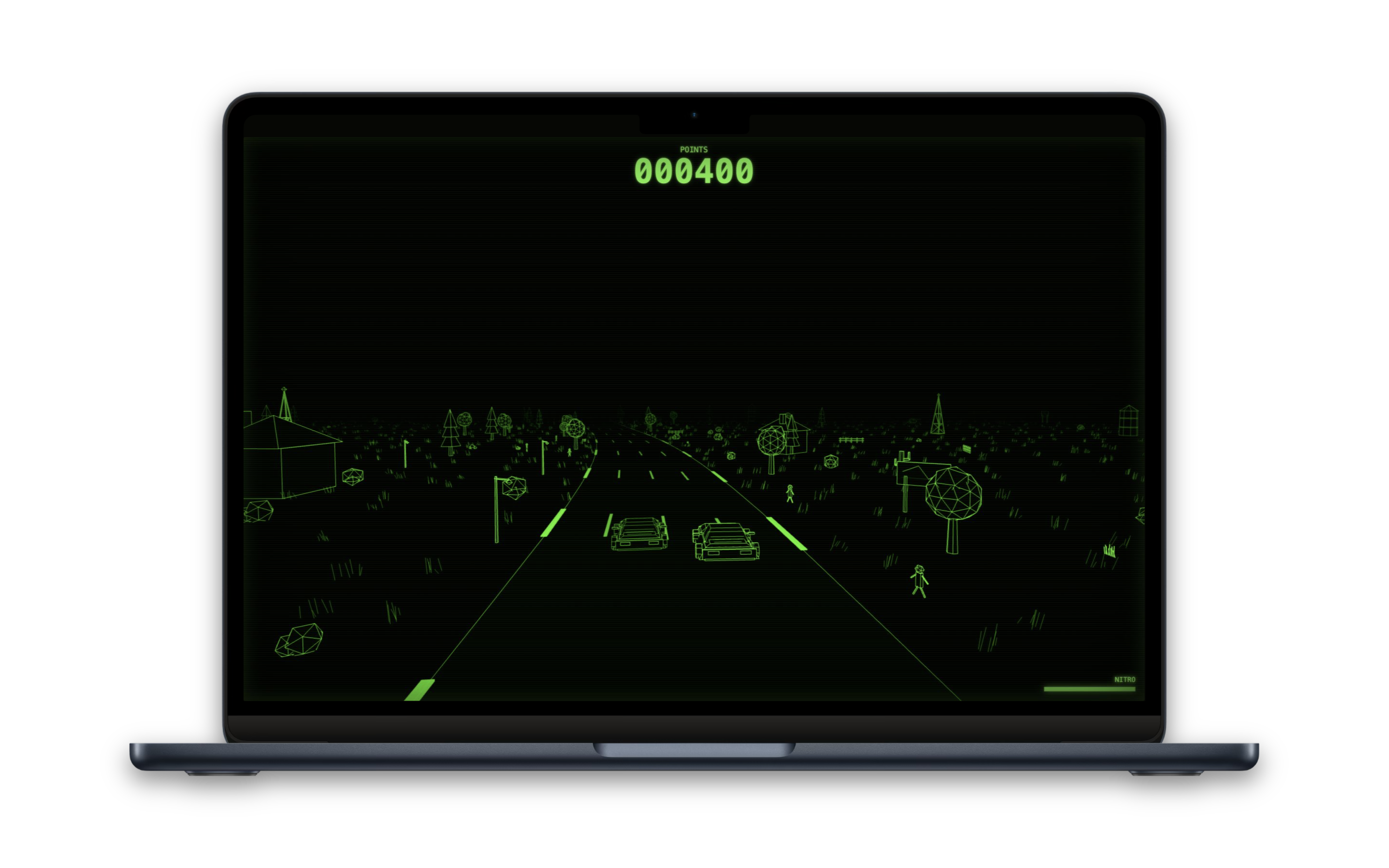 A green wireframe sports car racing an opponent along Pixel Racing's dark country road