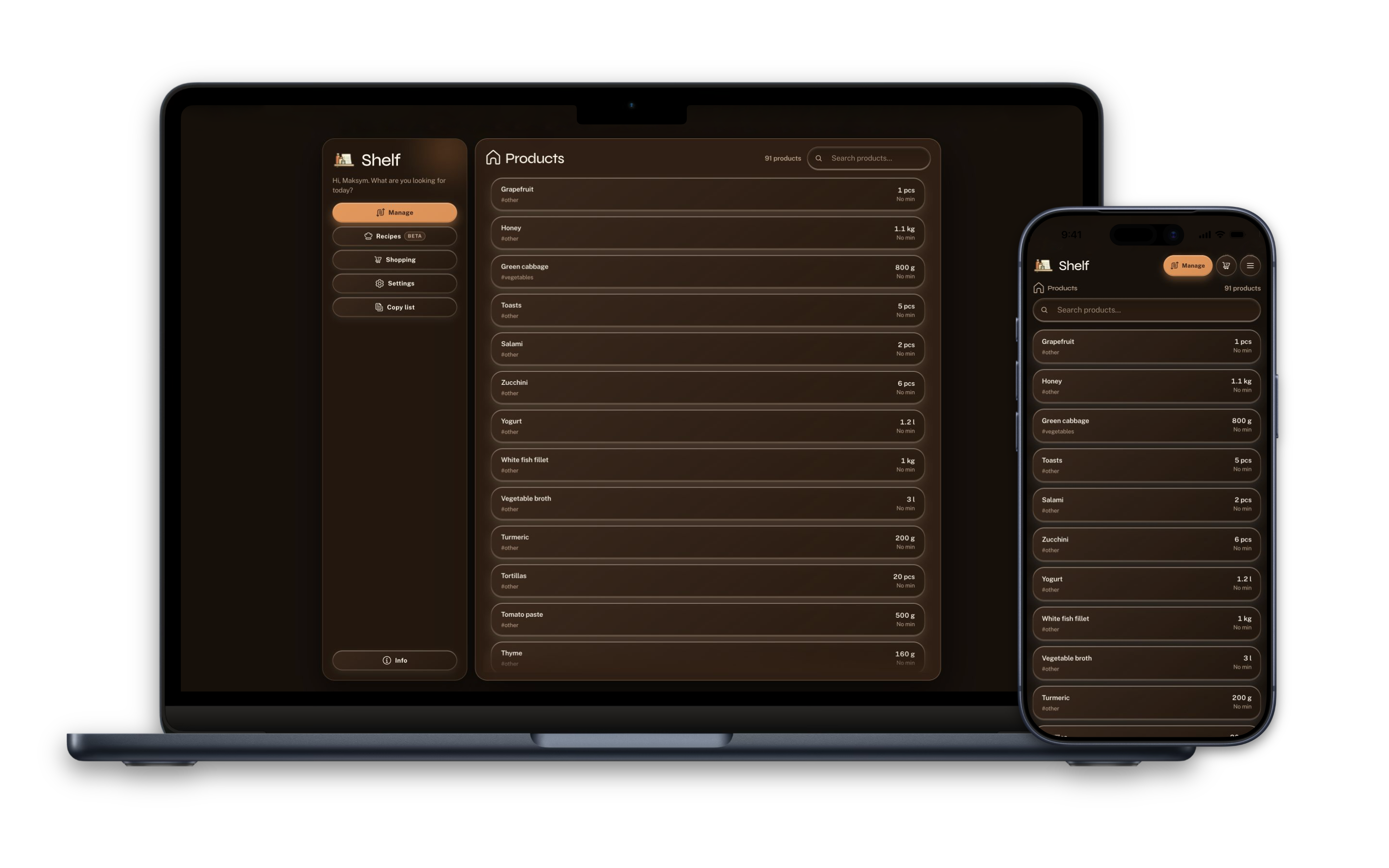 Shelf's household inventory showing searchable products, quantities, and navigation on desktop and mobile